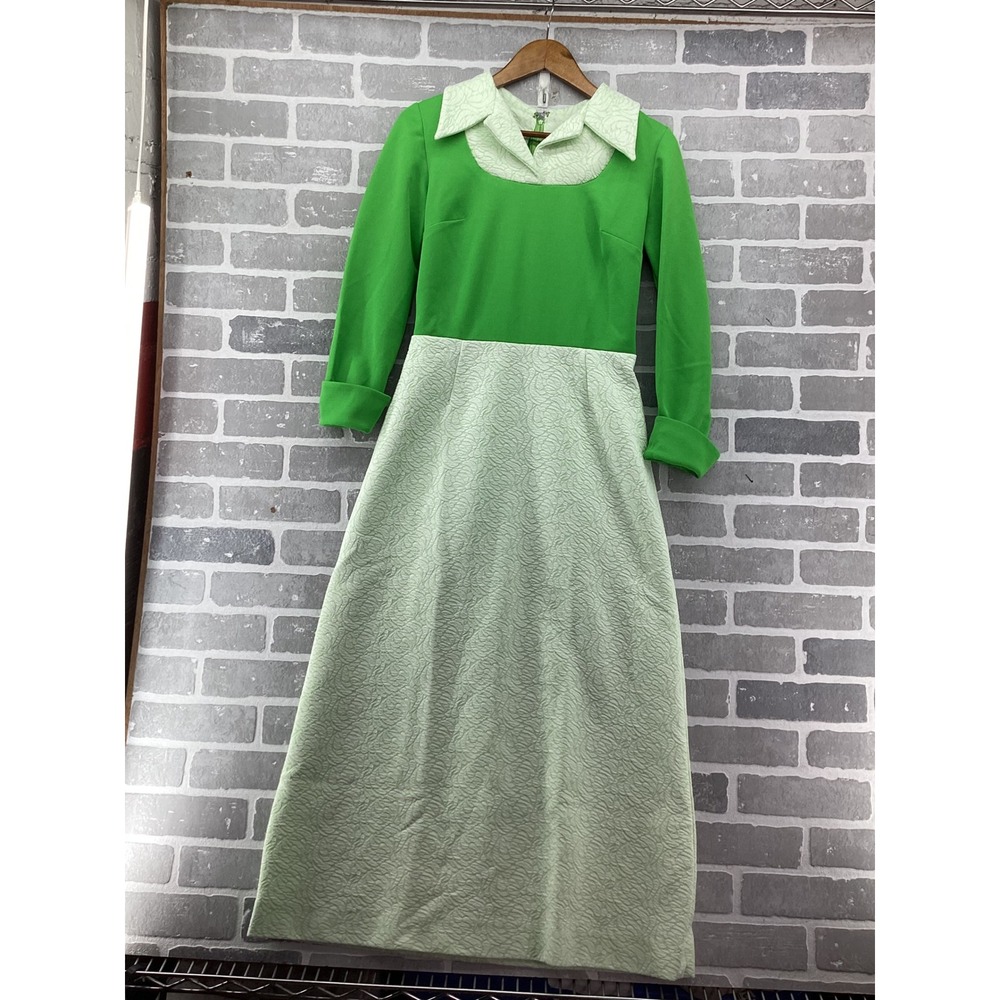 Vintage Handmade Shirley Fast Green Brocade Maxi Dress Mod 60s 70s Long Sleeve